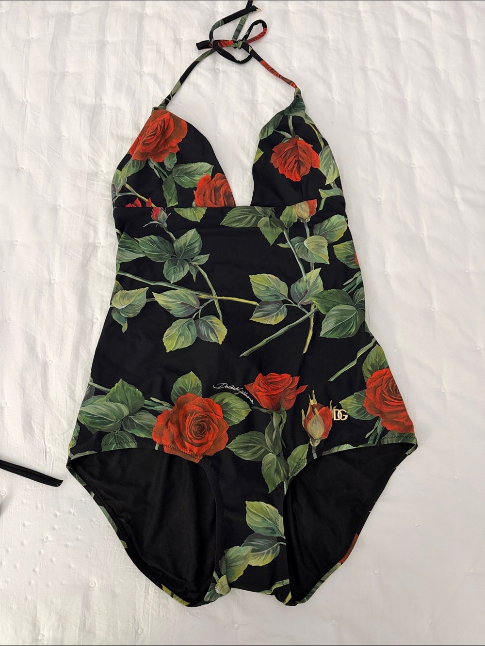 Dolce & Gabbana Black One-Piece Swimsuit with Red Rose Print